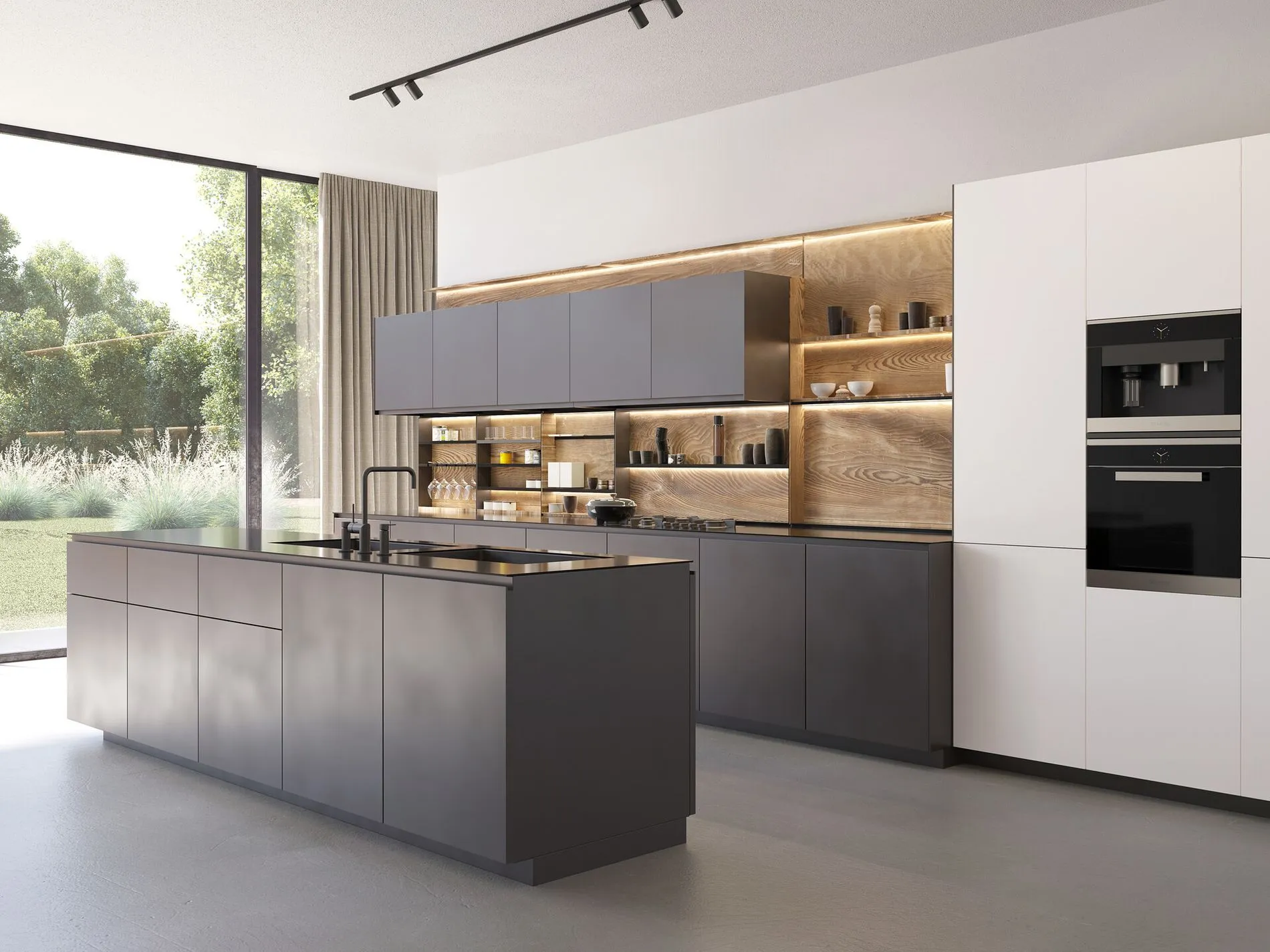 3d render of a modern contemporary minimalist kitchen with satin anthracite and white cabinets, wood backsplash and concrete floor.jpg